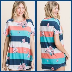 NAVY MULTI BOLD STRIPE FLORAL TOP